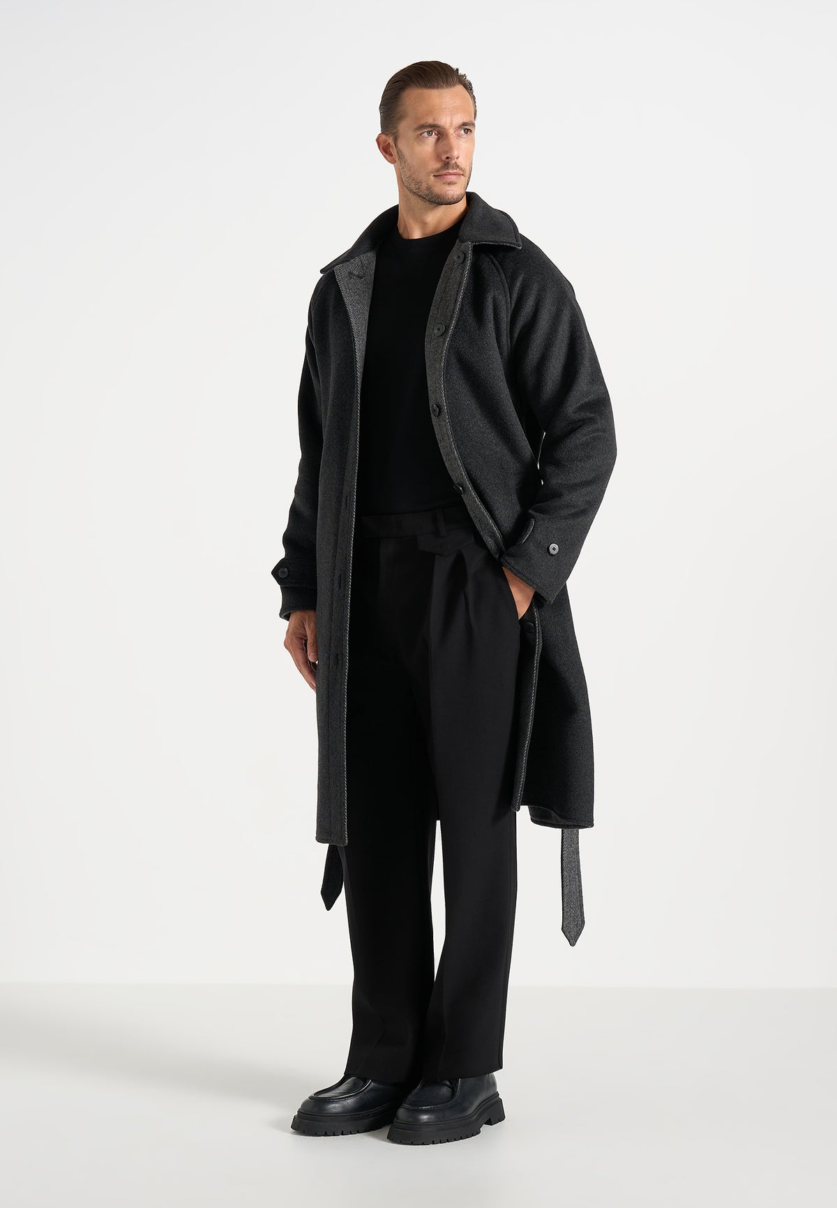 Alfie - Reversible Belted Wool-Blend Car Coat - Grey / Black