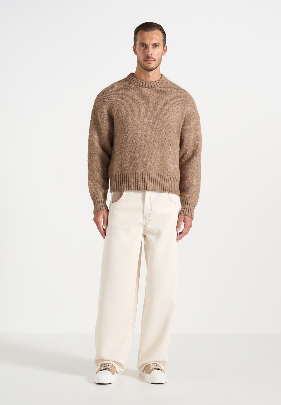 Kamil - Art Slogan Speckled Brushed Wool-Blend Knit Jumper - Beige