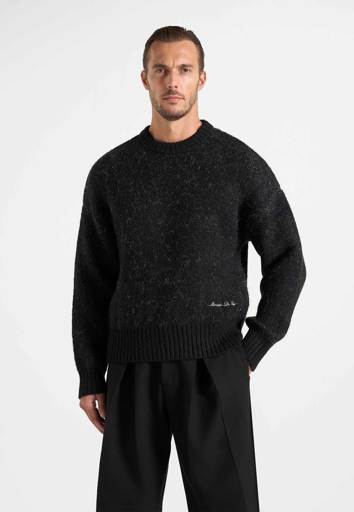 Kamil - Art Slogan Speckled Brushed Wool-Blend Knit Jumper - Black