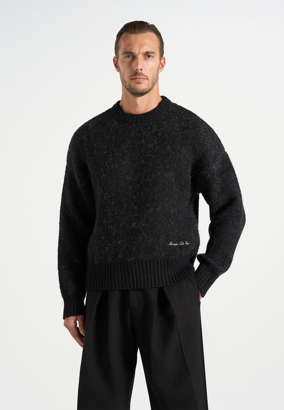 Kamil - Art Slogan Speckled Brushed Wool-Blend Knit Jumper - Black