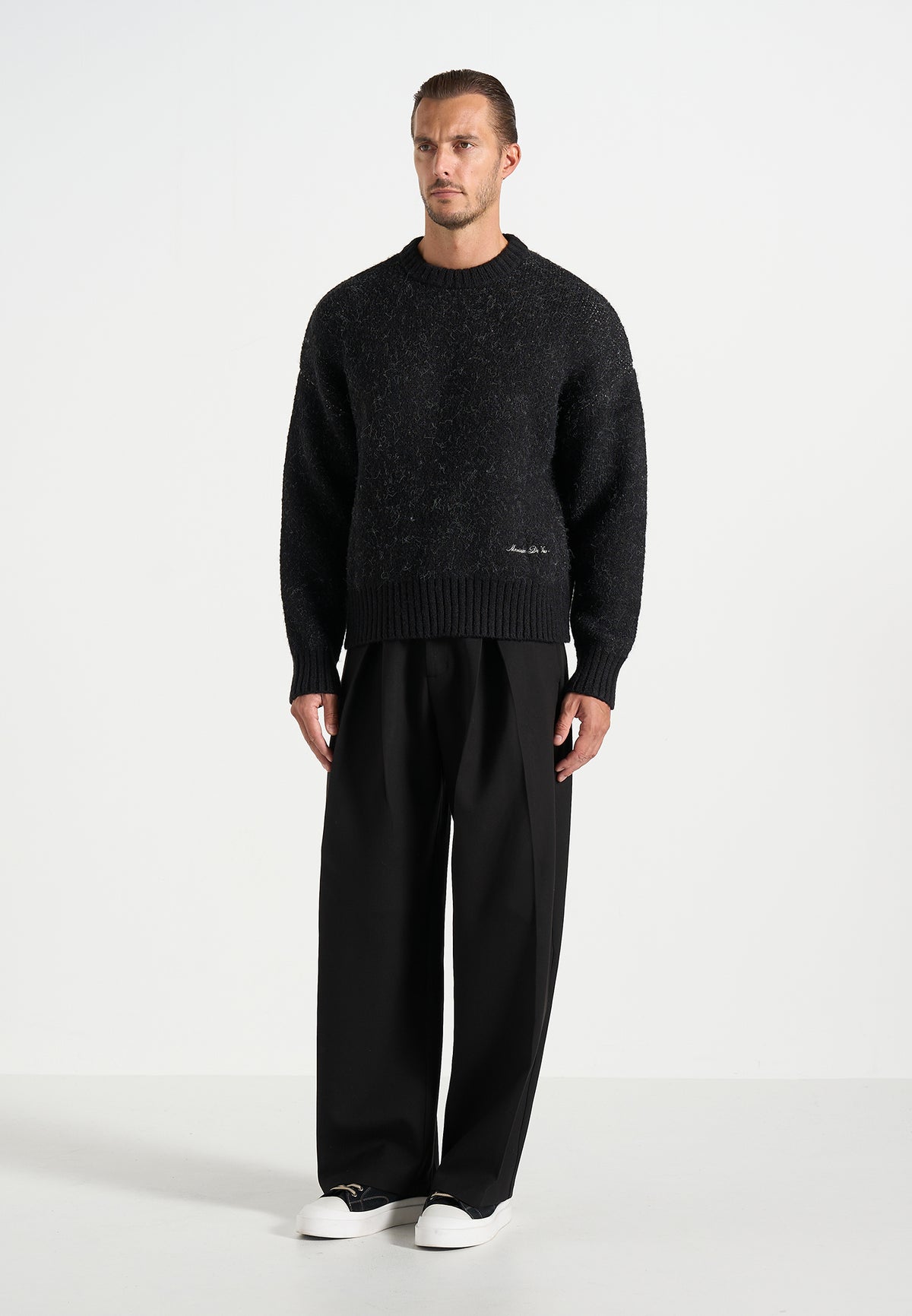 Kamil - Art Slogan Speckled Brushed Wool-Blend Knit Jumper - Black