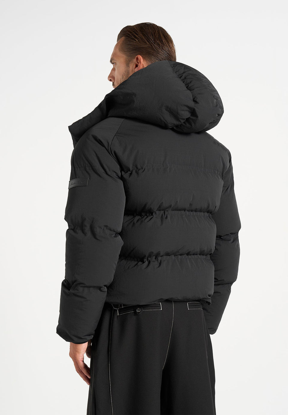 Bradley - Unisex Cropped Raglan Wrap Neck Puffer Jacket - Black