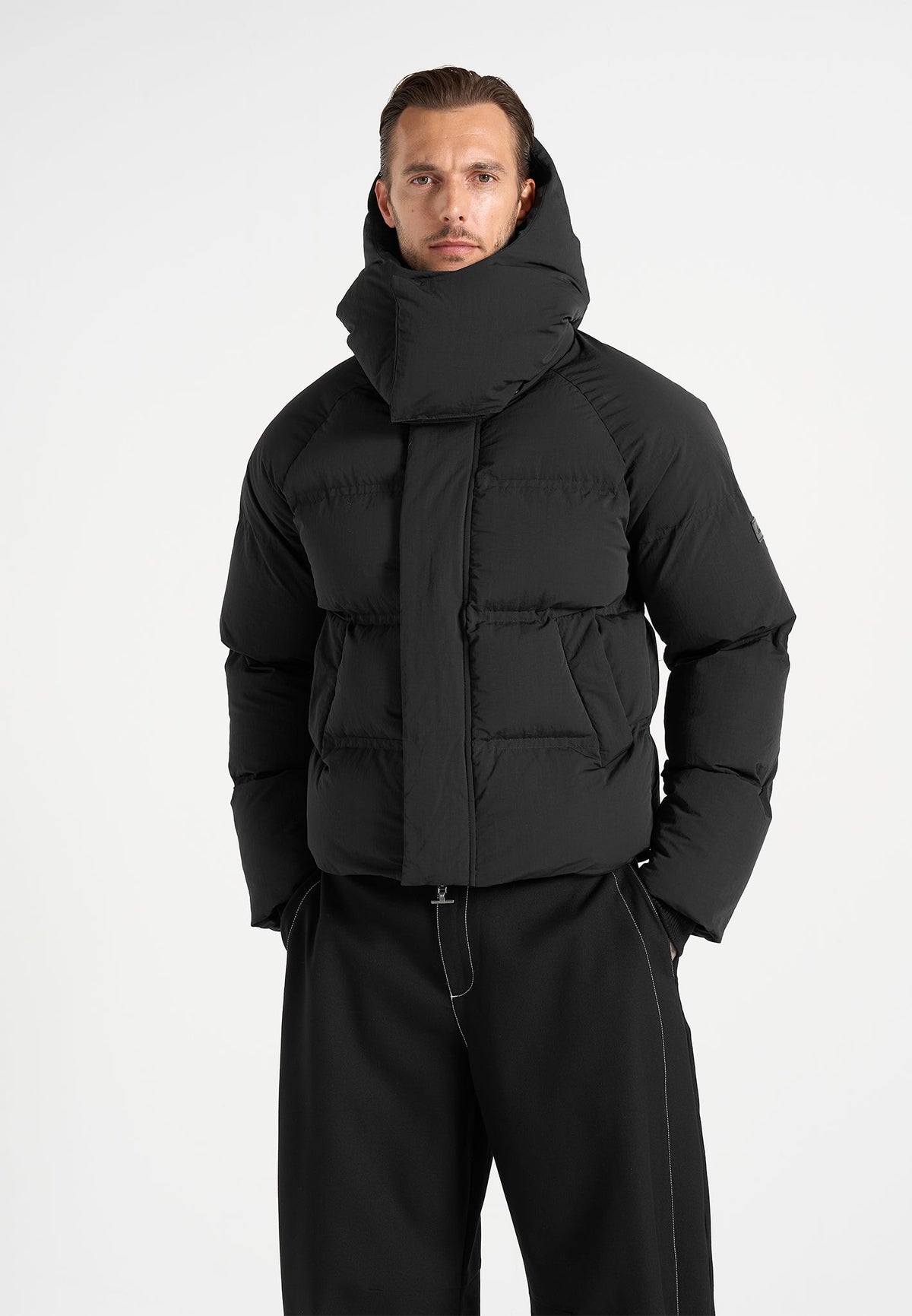Bradley - Unisex Cropped Raglan Wrap Neck Puffer Jacket - Black