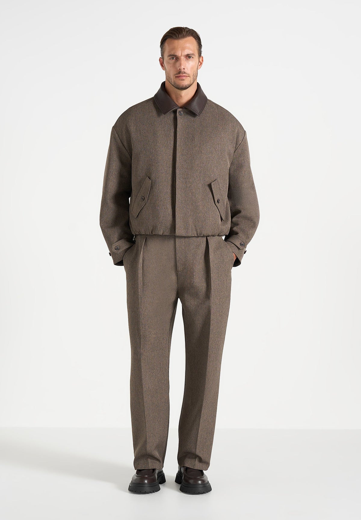Cameron - Unisex Oversized Textured Tailored Bomber Jacket - Taupe