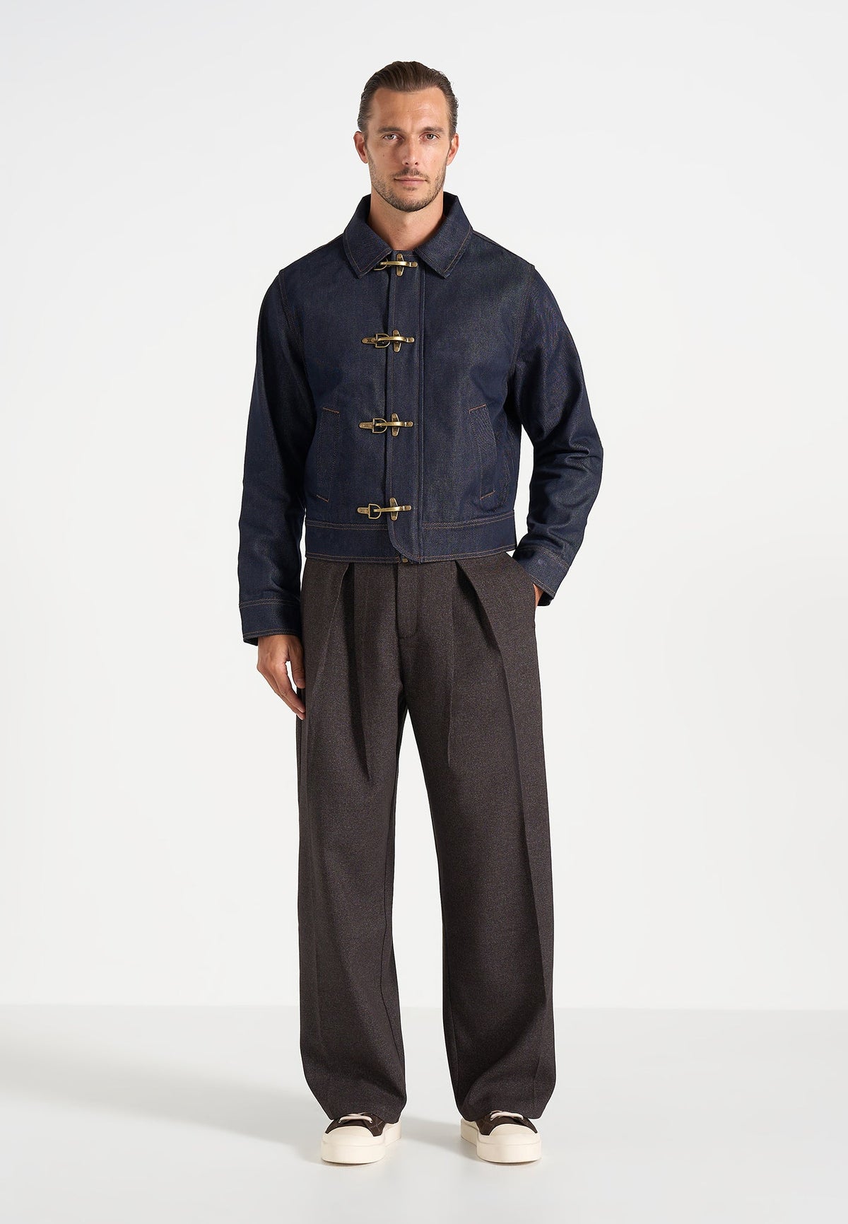 Nino - Unisex Clasp Detail Contrast Stitch Denim Jacket - Indigo