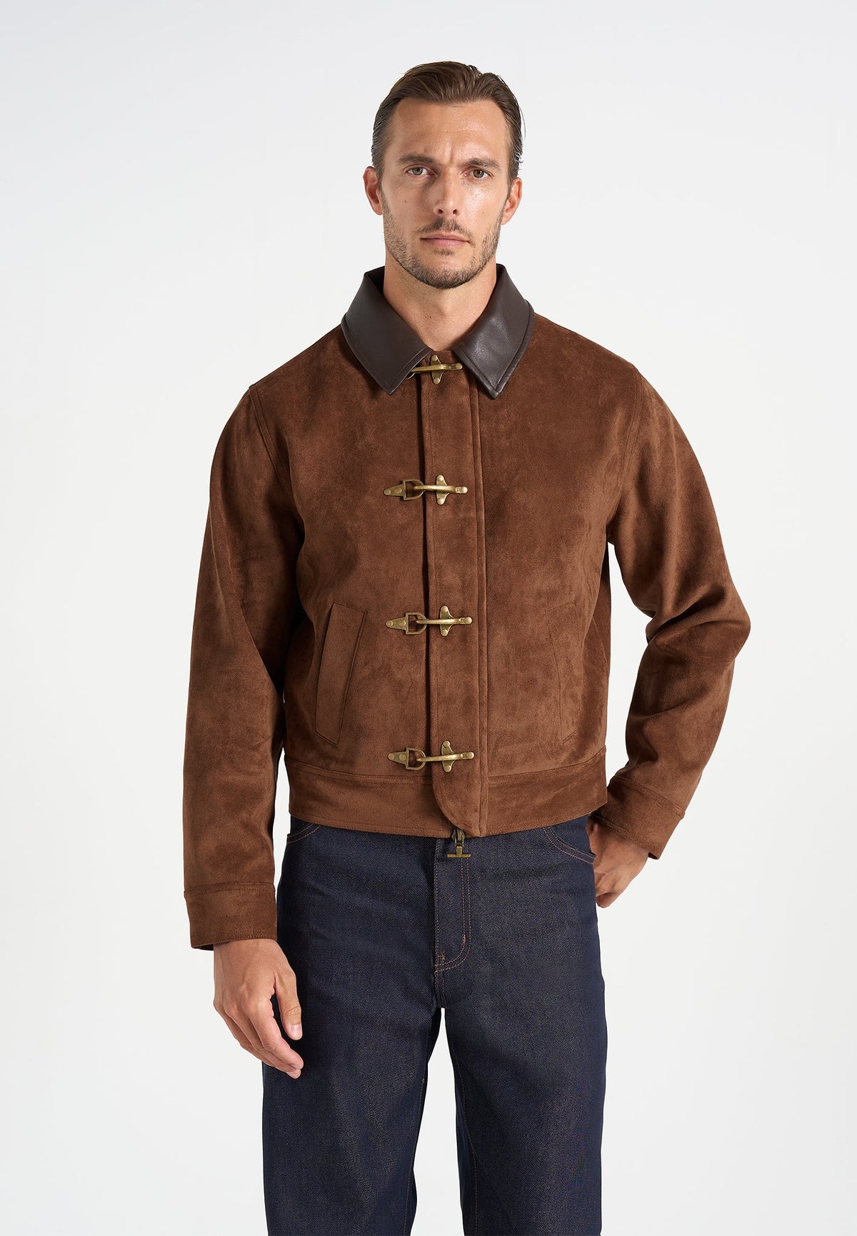 Nino - Unisex Clasp Detail Contrast Stitch Suede Jacket - Tan