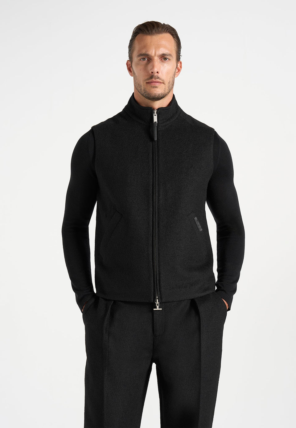 Levi - Herringbone Brushed Wool Zip Gilet - Black