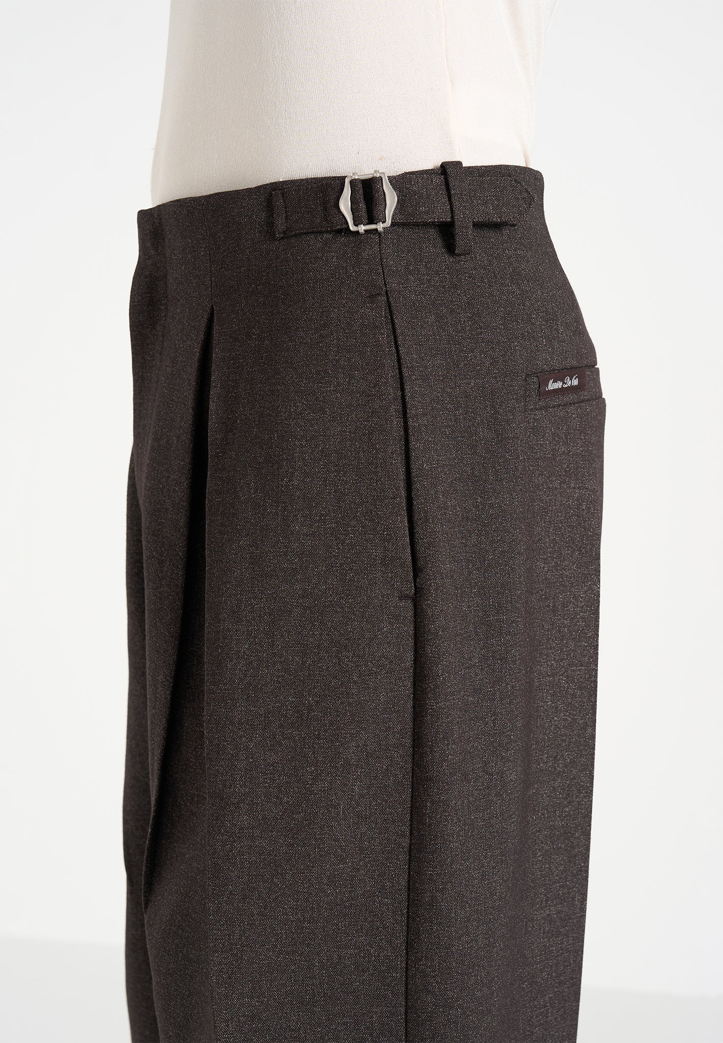 Lior - Box Pleat Hatched Wide Leg Trousers - Dark Brown