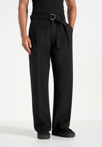 Loic - Wide Leg Tailored Trousers With Belt - Black