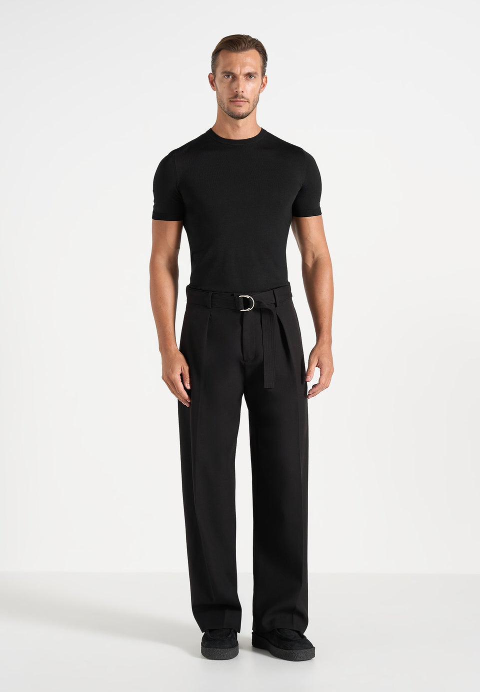 Loic - Wide Leg Tailored Trousers With Belt - Black