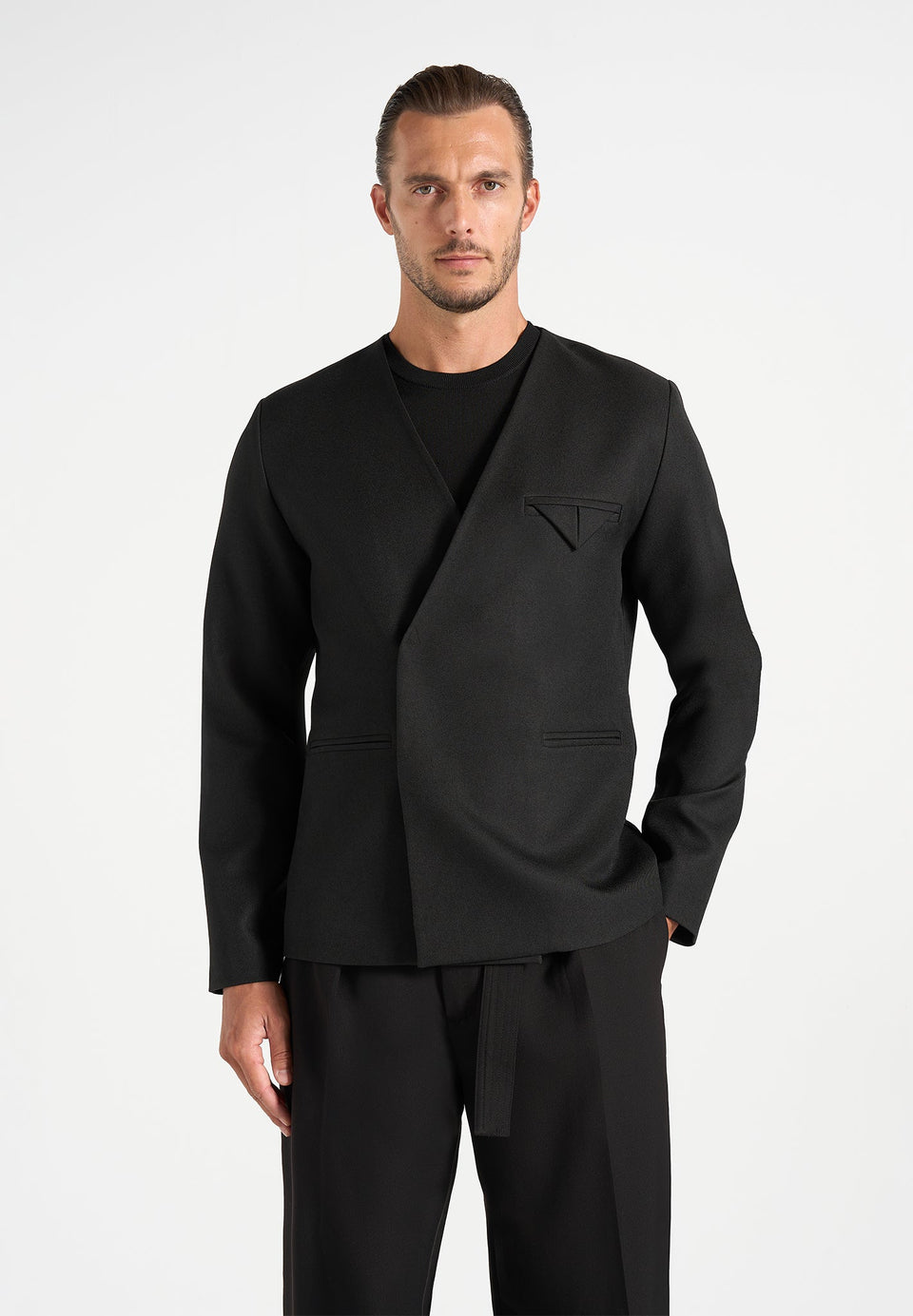 Colin - Collarless Double Breasted Minimal Blazer - Black