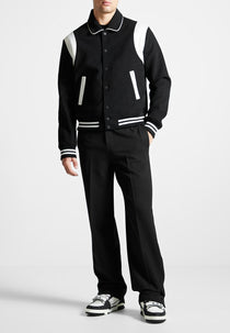 Satin Panel Corduroy Varsity Jacket - Black
