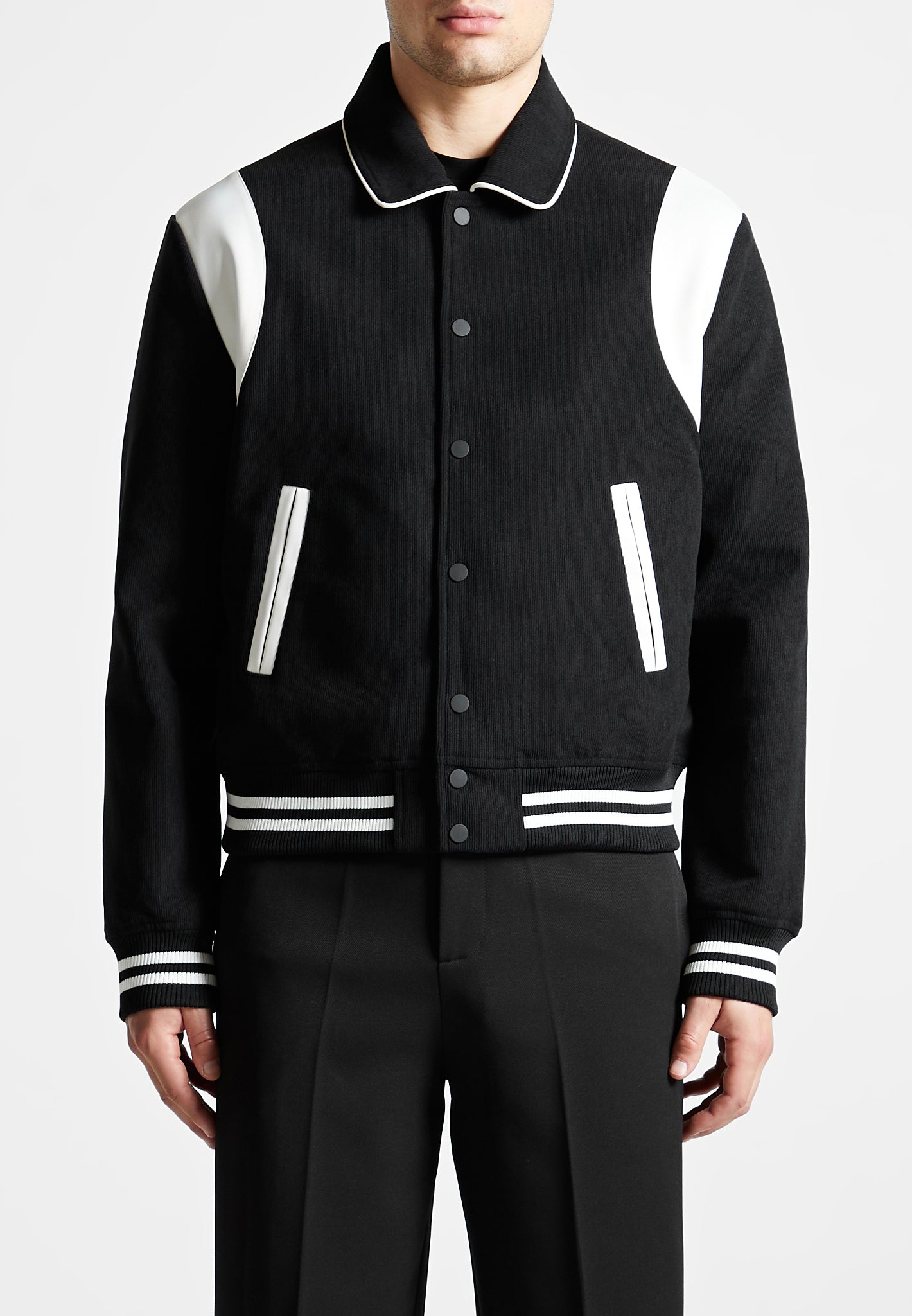 Satin Panel Corduroy Varsity Jacket - Black | Manière De Voir