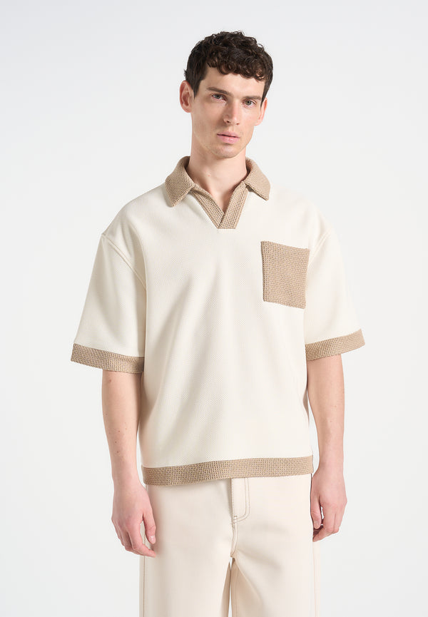 Brice - Boxy Polo Shirt with Crochet Detail - Cream
