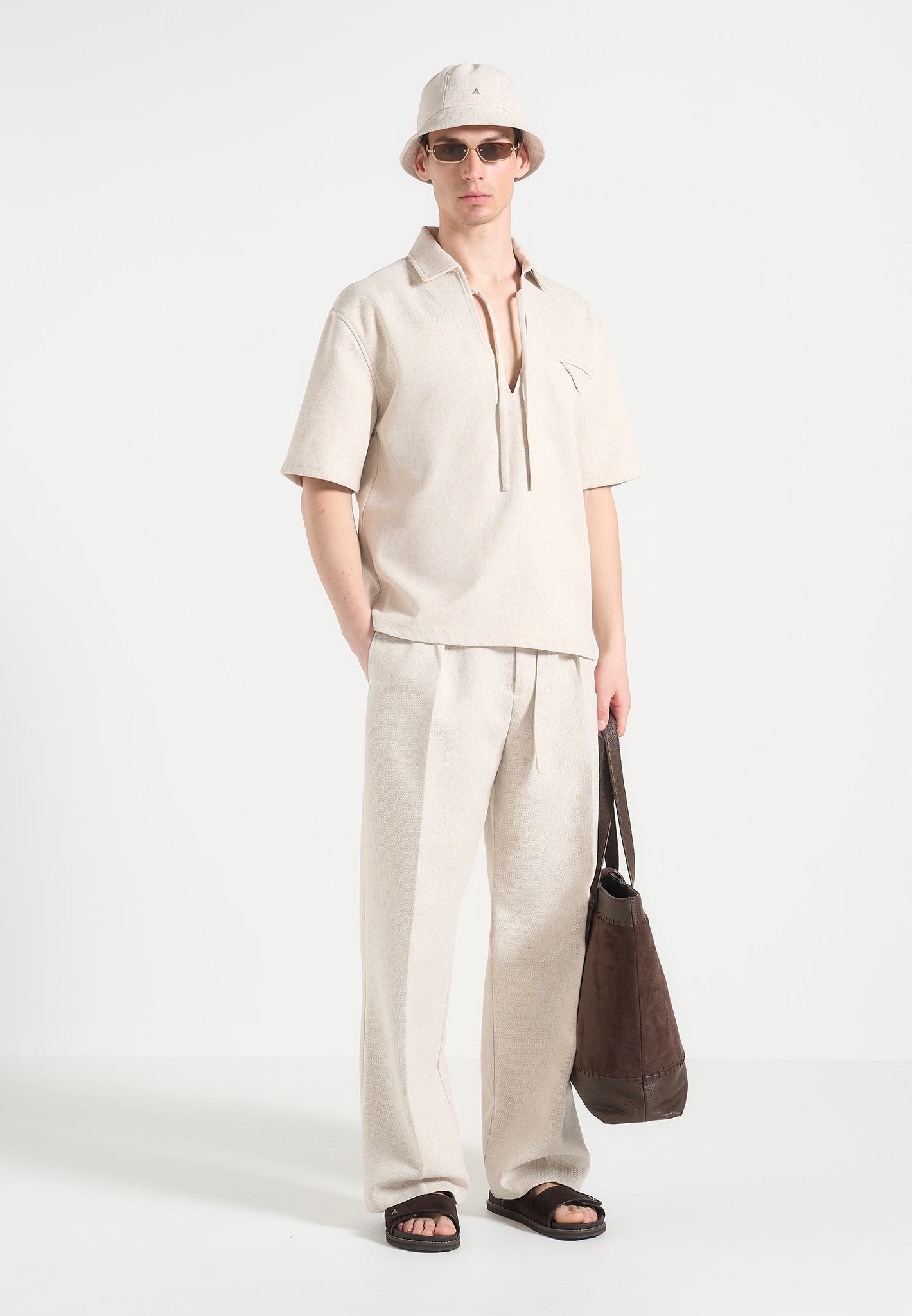 Norbert - Open Collar Textured Drawstring Shirt - Cream | Manière