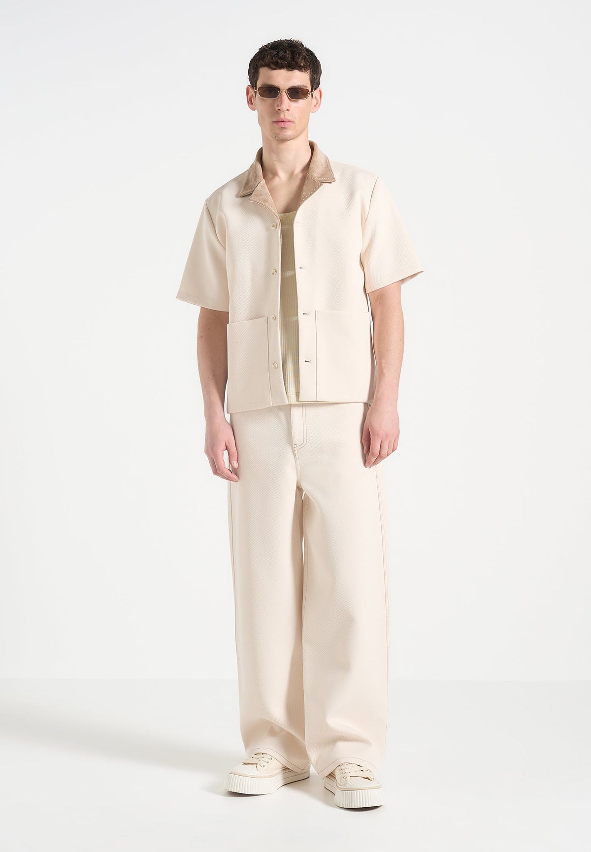 Joel - Twill Shirt with Suede Revere Collar  - Cream