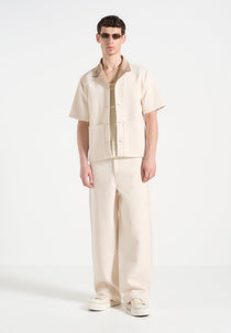 Joel - Twill Shirt with Suede Revere Collar  - Cream