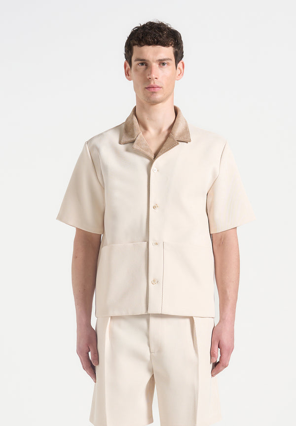 Joel - Twill Shirt with Suede Revere Collar  - Cream