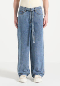 Adam - Wide Leg Belted Denim Jeans - Blue Wash