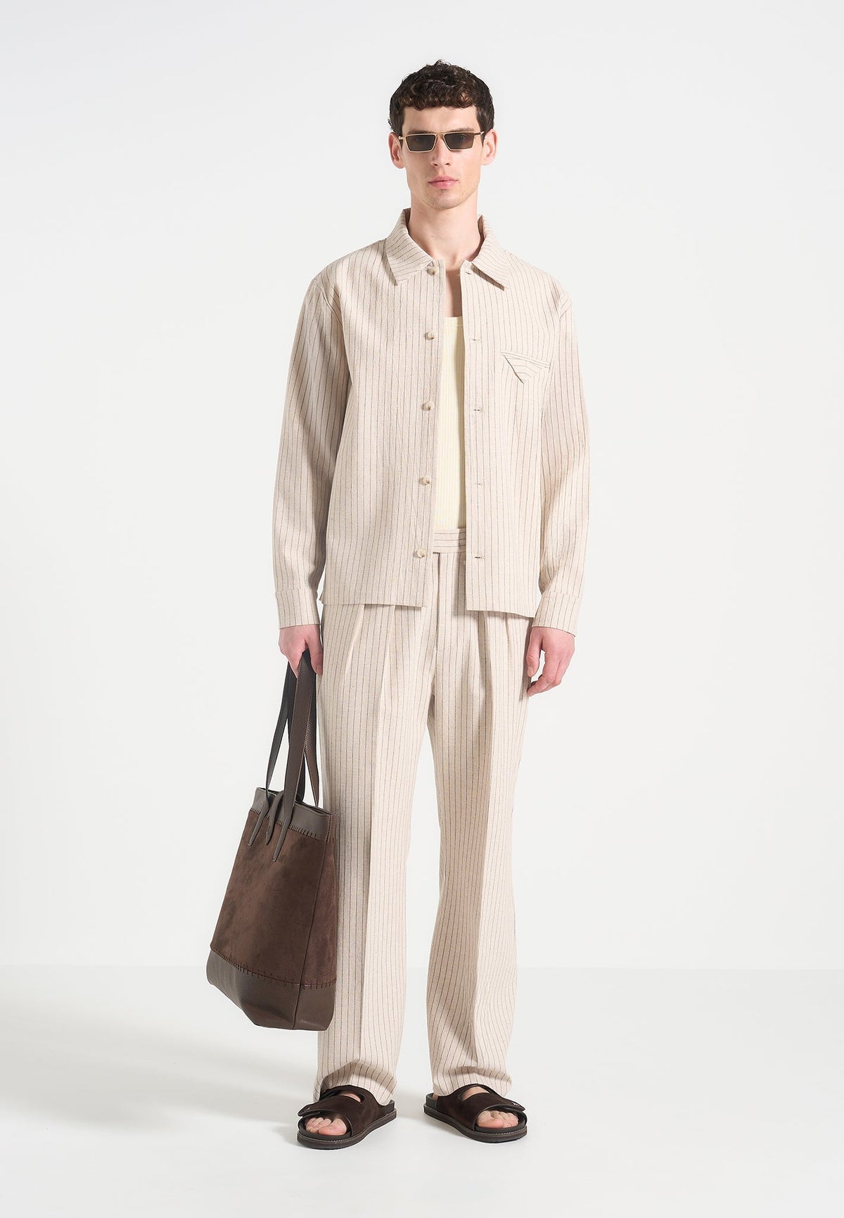 Pierre - Relaxed Fit Pinstripe Pleated Tailored Trousers - Beige