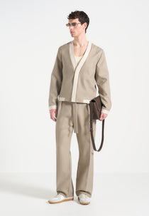 Clovis - Tailored Cardigan with Contrast Placket - Beige
