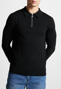 Merino Wool Long Sleeve Polo Top With Zip - Black