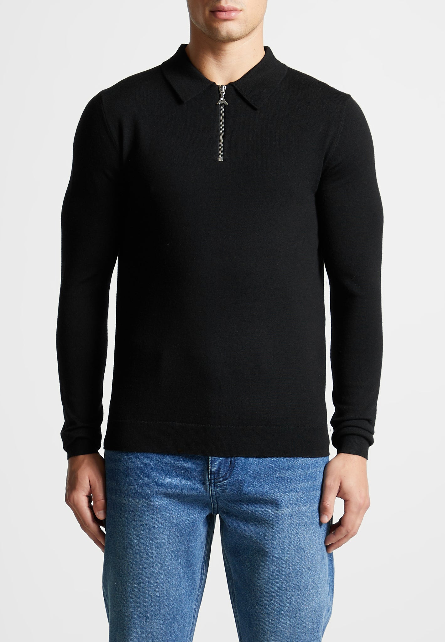 Merino Wool Long Sleeve Polo Top With Zip Black