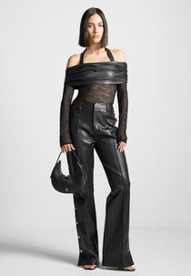 Mesh and Leather Bardot Bodysuit - Black