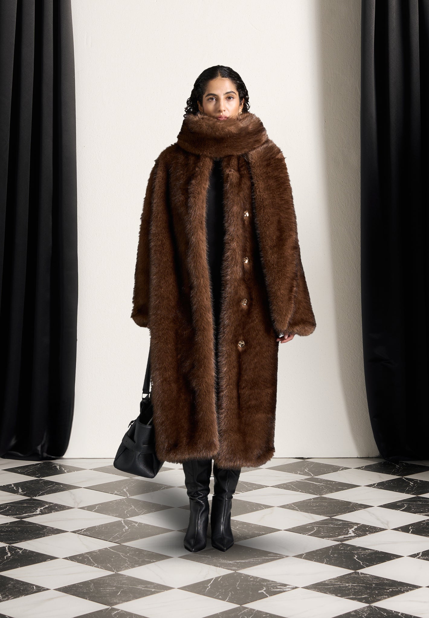 Fur Oversized Coat with Scarf Brown Maniere De Voir