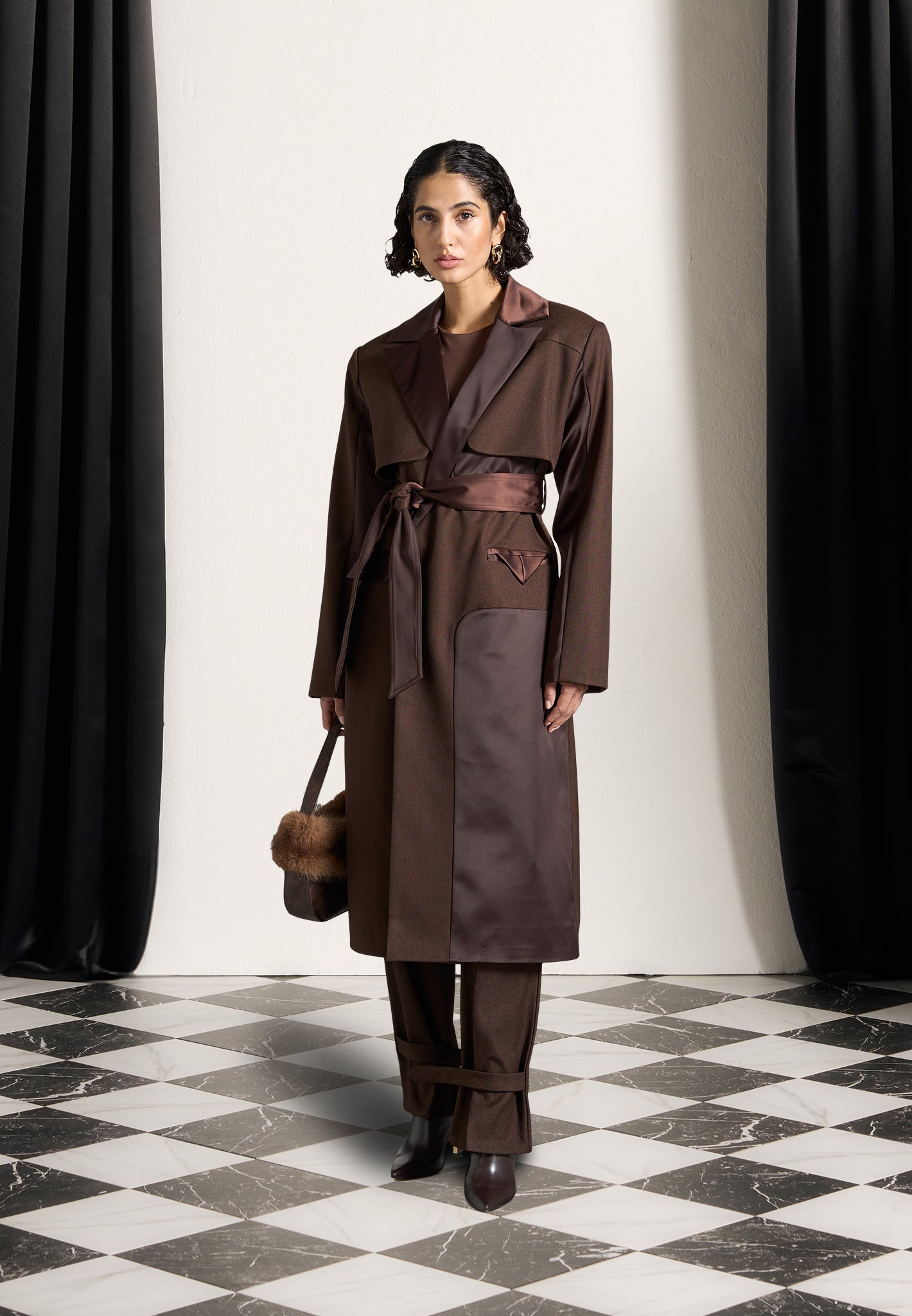 Tailored Satin Trench Coat Brown Maniere De Voir