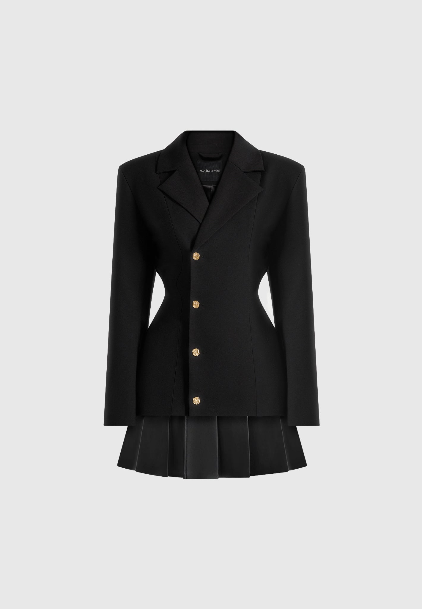 Nicole - Tailored Cinch Blazer Dress with Pleats - Black | Manire De Voir Nicole - Tailored Cinch Blazer Dress with Pleats - Black | Manire De Voir