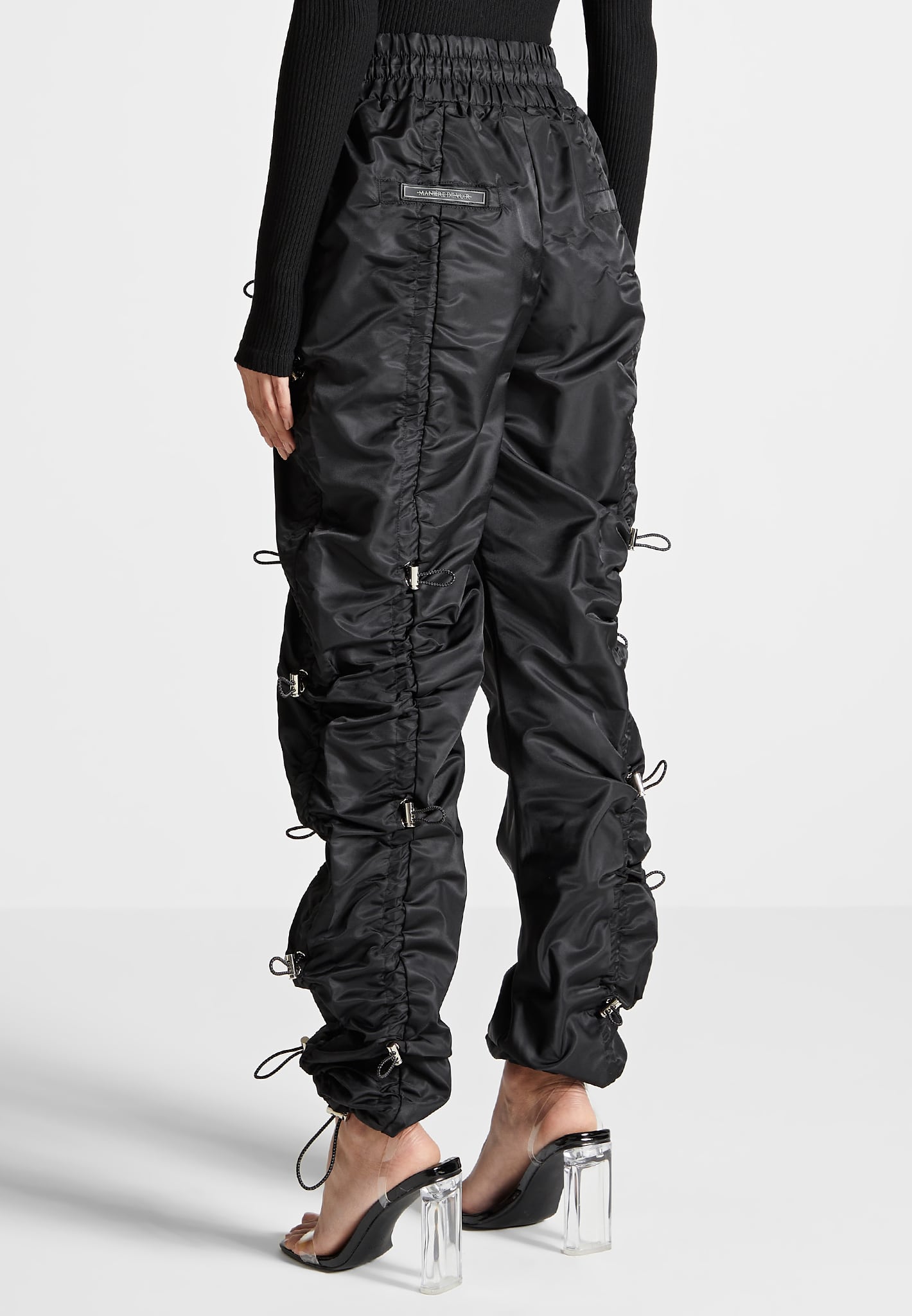 Nylon Bungee Ruched Cargo Pants - Black