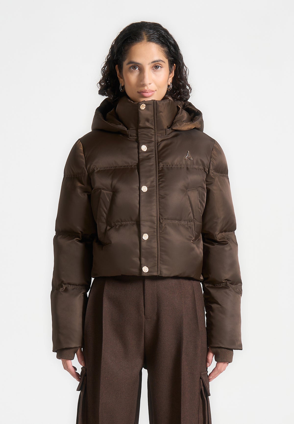 Maeva - Nylon Eiffel Cropped Puffer Jacket - Brown