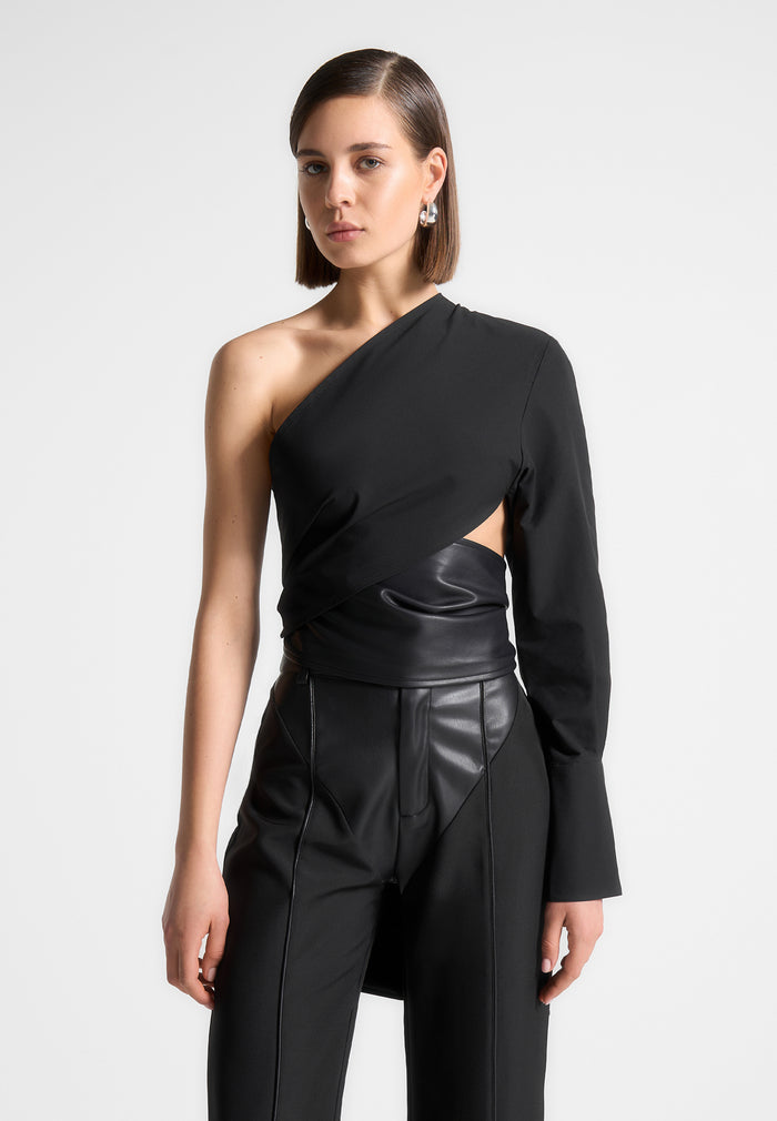 One Sleeve Leather Wrap Top - Black