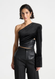 Coralie - One Sleeve Velour Wrap Top - Black