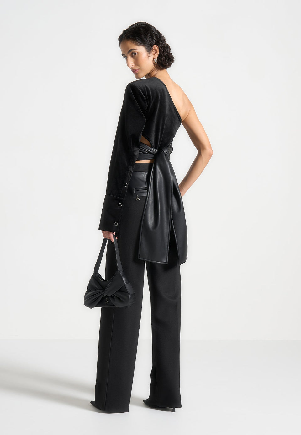 coralie-one-sleeve-velour-wrap-top-black