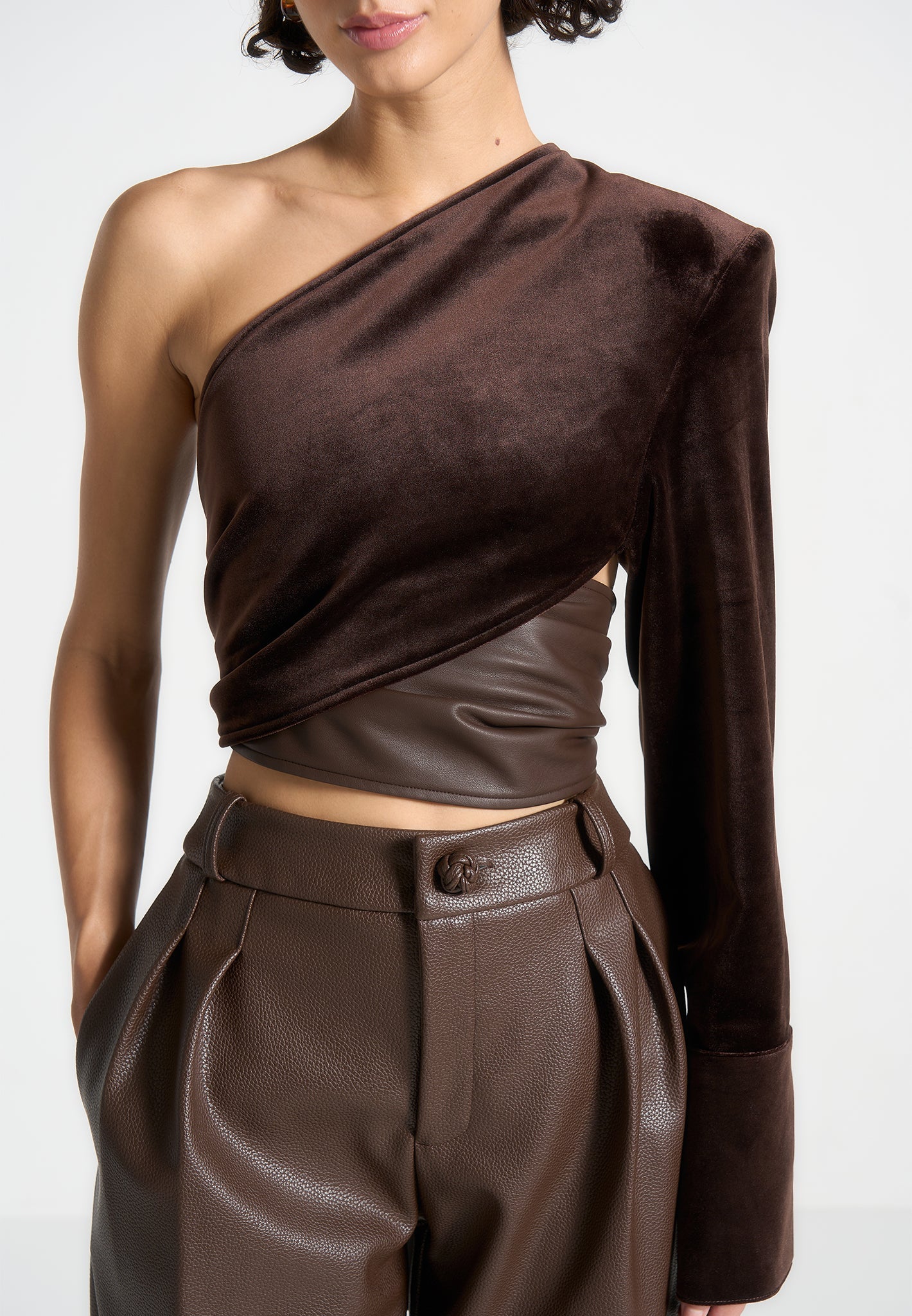 coralie-one-sleeve-velour-wrap-top-brown
