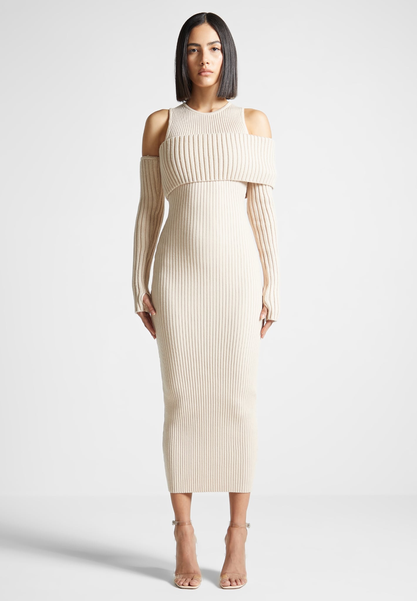 Overlay Knitted Midaxi Dress Beige
