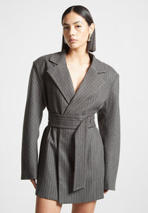 grey oversized blazer dress boohoo Women's Stripe Woven Pocket Front Oversized Blazer Dress in Charcoal