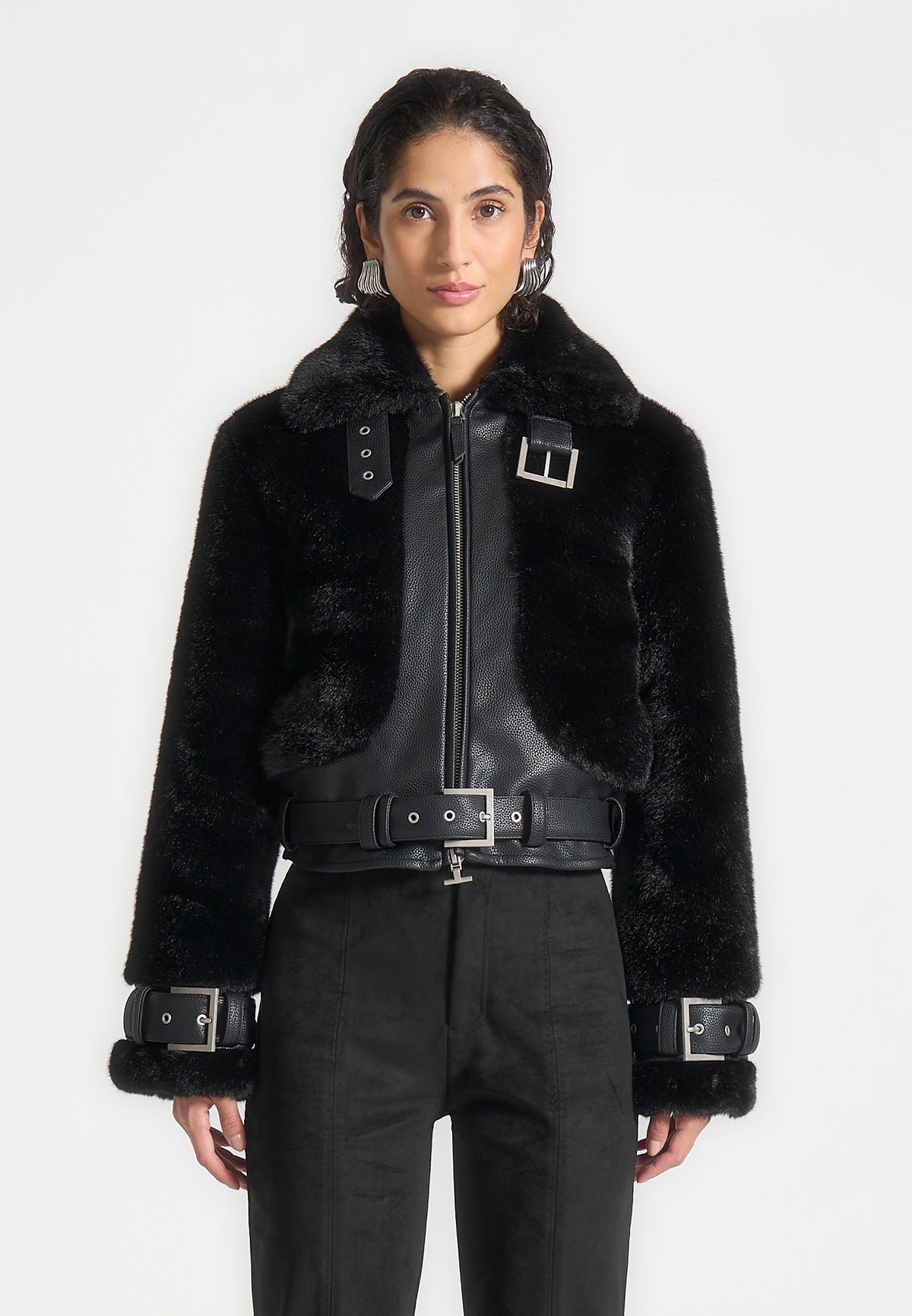 Deya - Plush & Vegan Leather Belted Jacket - Black