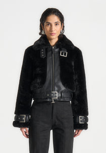 Deya - Plush & Vegan Leather Belted Jacket - Black