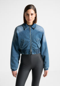 Padded Cropped Denim Bomber Jacket - Mid Blue