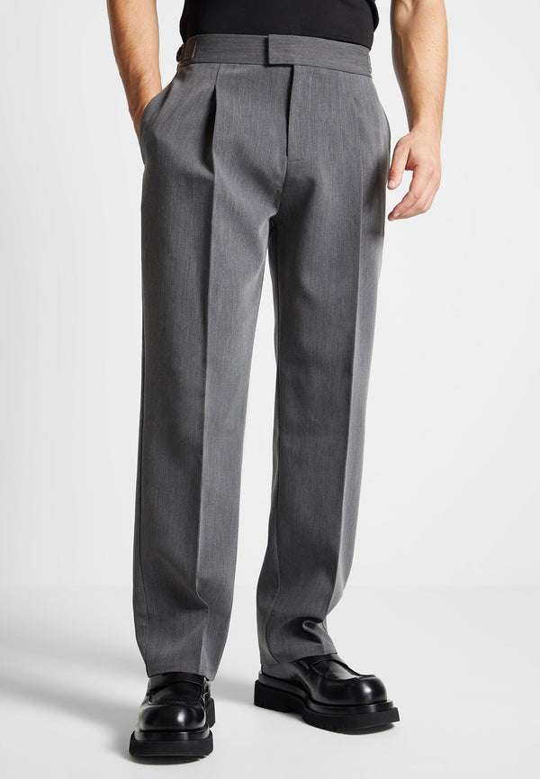 Relaxed Fit Grained Pleated Tailored Trousers - Dark Grey