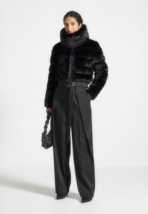 Ama - Plush Ribbed Jacket with Neck Scarf - Black