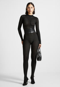 Chantal - Pointelle Knit Long Sleeve Jumpsuit with Belt - Black