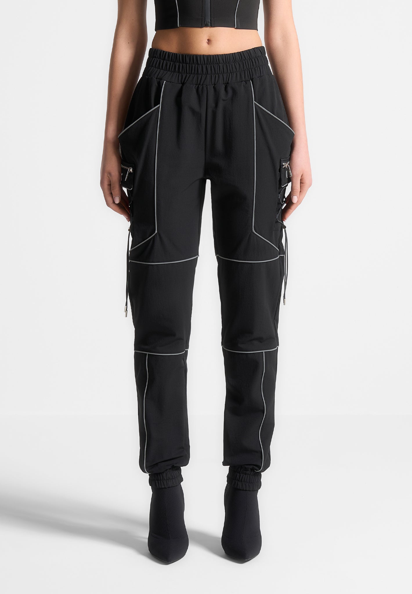 Reflective Piped Cargo Pants - Black