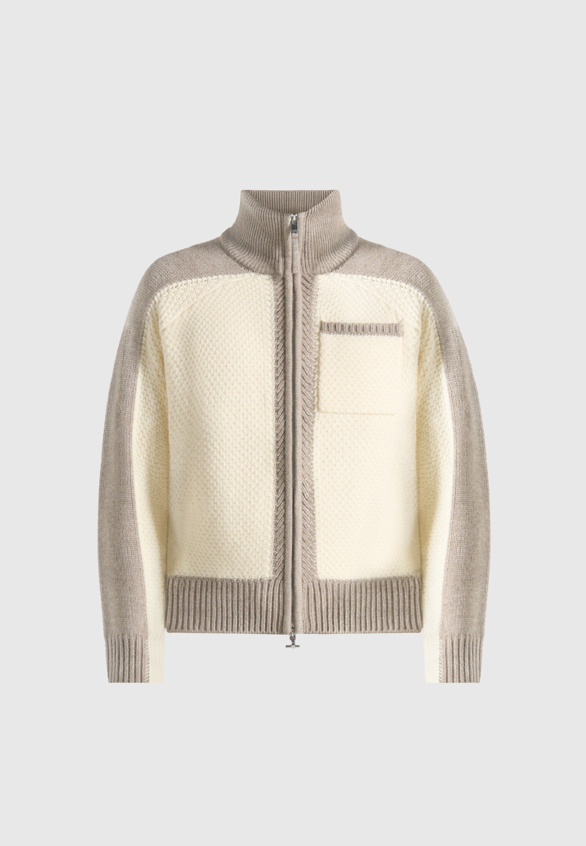 Rene - Colour Block Zip Through Cardigan - Cream/Beige