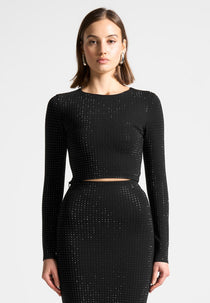 Rhinestone Long Sleeve Bandage Top - Black