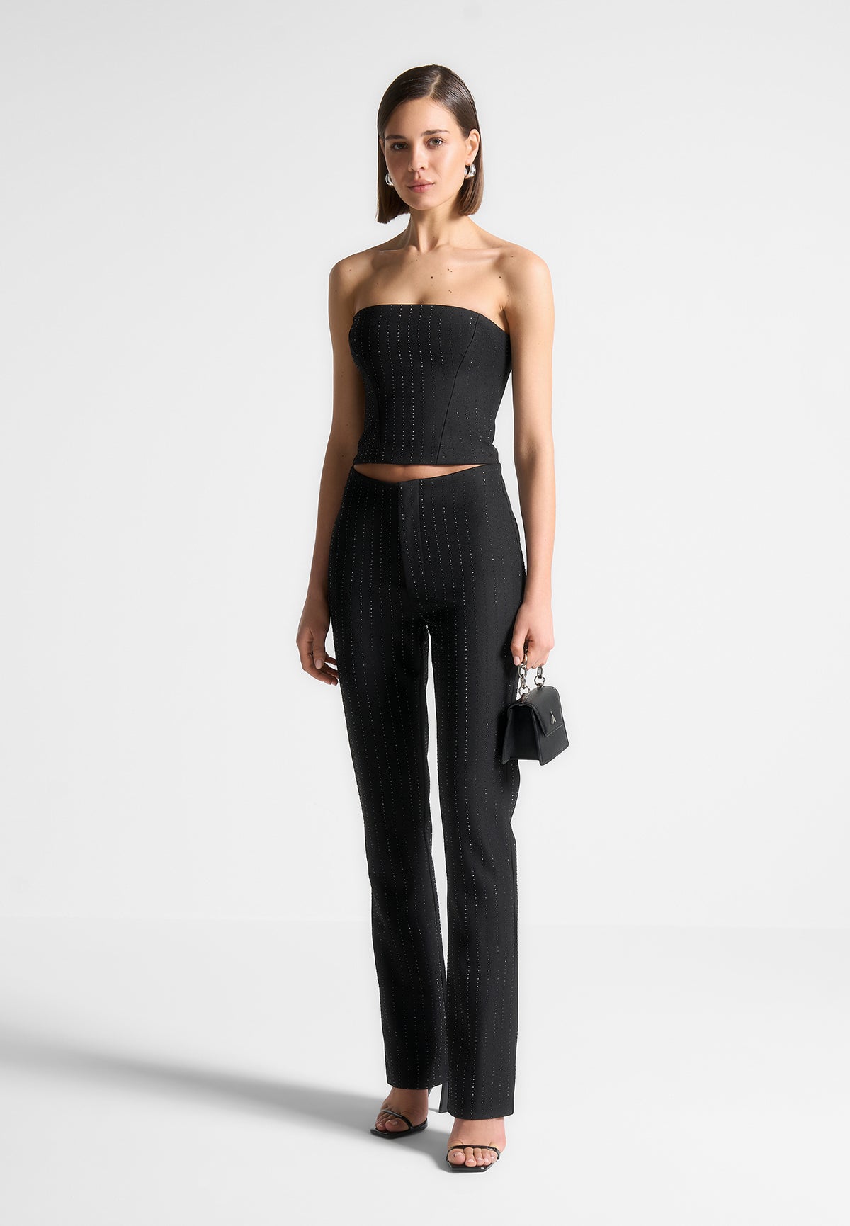 Rhinestone Tailored Bandeau Corset Top - Black