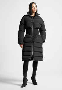 Ribbed Corset Longline Puffer Coat - Black